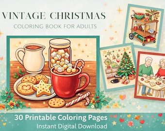 livre de coloriage de Noël vintage pour adultes et personnes âgées | Coloriages de vacances rétro Mid-Century des années 50 | PDF imprimable