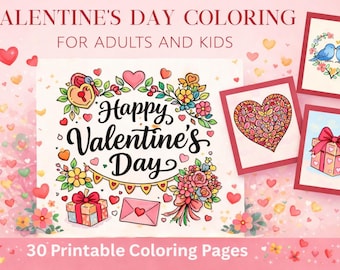 Coloriages pour la Saint-Valentin | Livre de coloriage imprimable pour adultes et enfants | Designs de vacances faciles et amusants | Téléchargement instantané