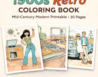 Livre de coloriage rétro des années 60 à imprimer | Coloriages modernes du milieu du siècle, vintage des années 1960 | Mode tendance, ciné-parcs, décoration d'intérieur | Téléchargement numérique
