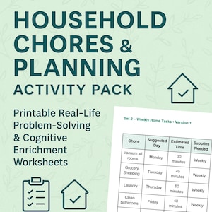Household Chores Life Skills Worksheets | Daily Living Executive Function Activities | Adult & Teen Independence Practice | Printable PDF