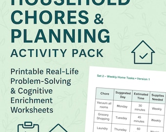 Feuilles d'exercices sur les tâches ménagères | Activités de la vie quotidienne | Pratique indépendante pour adultes et adolescents | PDF imprimable