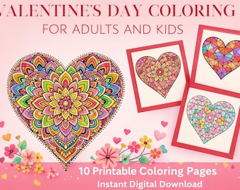 Coloriages coeur Saint-Valentin | Livre de coloriage imprimable pour adultes et enfants | Des designs amusants pour les fêtes | Téléchargement instantané