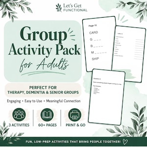 Könnte beinhalten: Ein Group Activity Pack für Erwachsene, konzipiert für Therapie, Demenz und Seniorengruppen. Das Paket enthält 3 Aktivitäten, über 60 Seiten und ist sofort druckbar. Das Bild zeigt Beispielseiten mit Wortspielen und Lückentexten. Der Text lautet "Let's Get Functional".