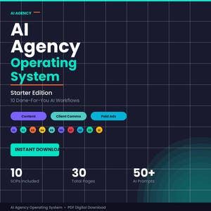 Op de afbeelding: Een digitale afbeelding die een AI Agency Operating System promoot. Het ontwerp toont de titel in grote witte en blauwgroene tekst, met ook de woorden "Starter Edition" en "Instant Download" zichtbaar. De afbeelding bevat pictogrammen en tekstvakken.
