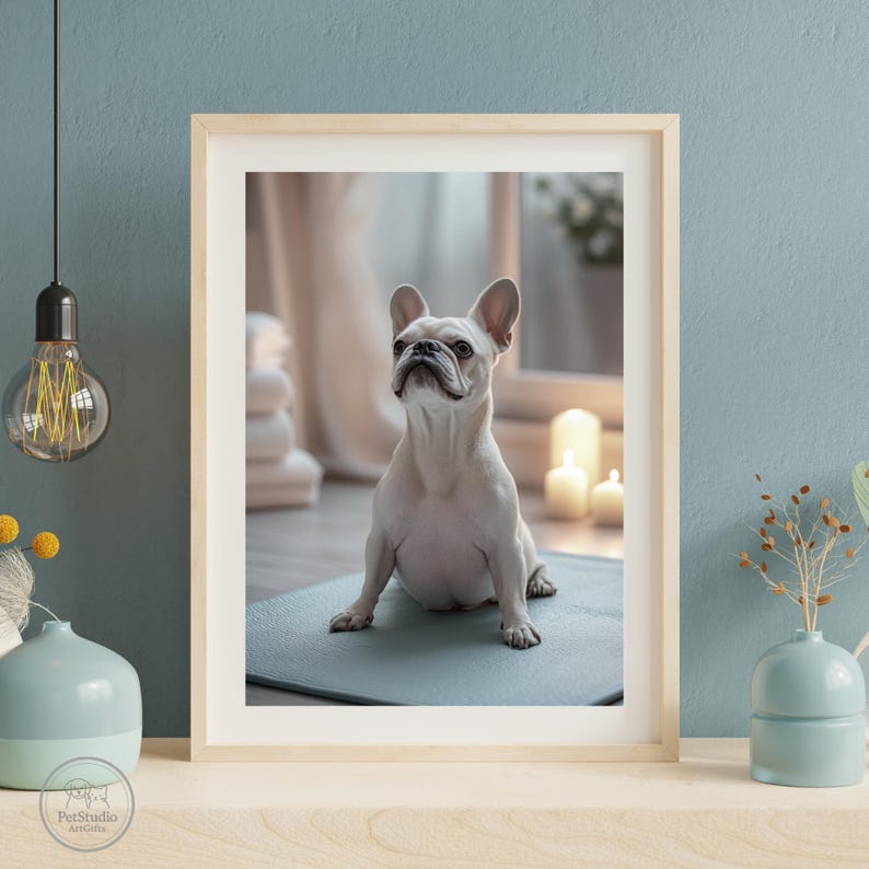 Puede incluir: Una impresi&oacute;n enmarcada de un bulldog franc&eacute;s blanco sentado en una esterilla de yoga azul. El perro mira hacia arriba. El fondo incluye velas y una ventana, creando un ambiente sereno. El marco es de color claro.