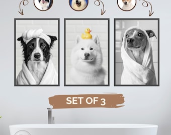 May include: Set of 3 framed black and white dog portraits. Each dog is depicted in a spa-like setting, with one wearing a towel turban, another with a rubber duck, and the third wrapped in a towel. The text "SET OF 3" is displayed.