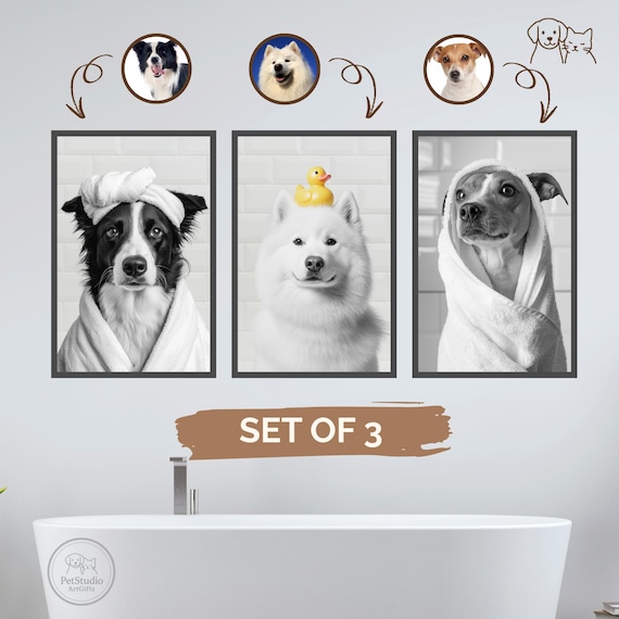 Custom Pet Bathroom Art Prints: Dog & Cat Portraits (Set of 3) (Digital Download)