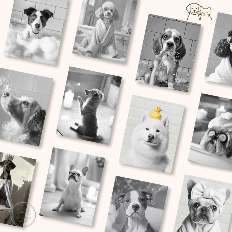 Puede incluir: Una colecci&oacute;n de fotograf&iacute;as en blanco y negro que presentan varios perros en entornos de ba&ntilde;o. Algunos perros est&aacute;n en ba&ntilde;eras con burbujas, mientras que otros est&aacute;n envueltos en toallas o llevan accesorios como un patito de goma o un lazo.