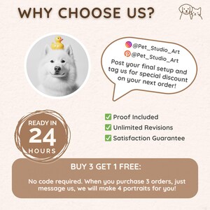 Puede incluir: Gr&aacute;fico promocional para retratos de mascotas. Presenta un perro blanco con un patito de goma en la cabeza, texto "WHY CHOOSE US?", redes sociales y garant&iacute;as. Incluye la oferta "COMPRA 3 Y LL&Eacute;VATE 1 GRATIS".