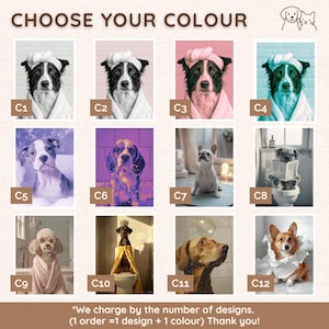 Puede incluir: Una cuadr&iacute;cula de doce retratos de perros, cada uno con un esquema de color diferente. Los perros se representan en varios escenarios de ba&ntilde;o, usando toallas, batas y accesorios. El texto "CHOOSE YOUR COLOUR" est&aacute; en la parte superior.