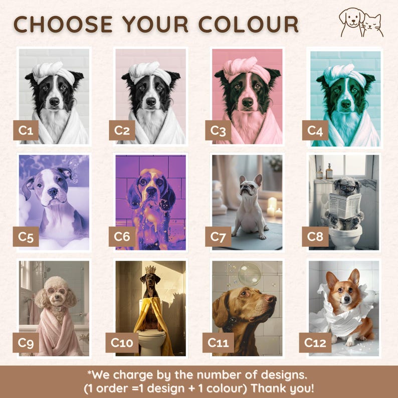 Puede incluir: Una cuadr&iacute;cula de doce retratos de perros, cada uno con un esquema de color diferente. Los perros se representan en varios escenarios de ba&ntilde;o, usando toallas, batas y accesorios. El texto "CHOOSE YOUR COLOUR" est&aacute; en la parte superior.