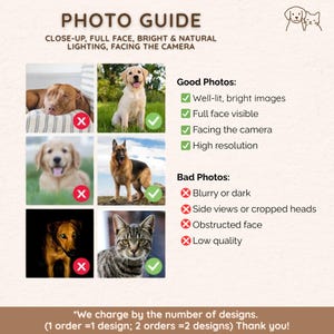 Puede incluir: Una gu&iacute;a fotogr&aacute;fica con ejemplos para retratos de mascotas. La gu&iacute;a muestra ejemplos de fotos buenas y malas, enfatizando primeros planos, caras completas, iluminaci&oacute;n brillante y natural. Incluye el texto "Cobramos por el n&uacute;mero de dise&ntilde;os."