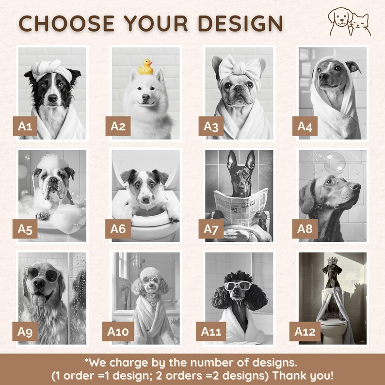 Puede incluir: Imagen en blanco y negro que presenta doce retratos de perros, cada uno en una pose &uacute;nica y divertida. Los perros se representan en diversas situaciones, como en una ba&ntilde;era, con gafas de sol o envueltos en toallas. El texto "CHOOSE YOUR DESIGN" est&aacute; en la parte superior.