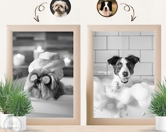 Retrato Personalizado de Mascota desde Fotografía, Arte Divertido para el Baño, Perro con Periódico, Mascota en Bañera, Regalo Personalizado