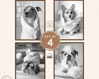 Set de 4 Retratos Personalizados de Mascotas desde Fotografía, Arte Divertido, Perro con Periódico, Mascota en Bañera, Regalo Personalizado