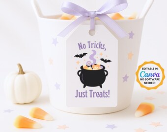 Etiquetas de regalo imprimibles de Halloween "Sin trucos, solo dulces" (descarga digital)