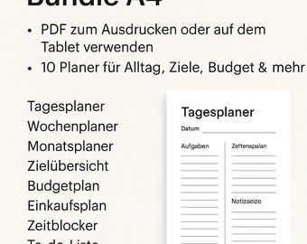 Könnte beinhalten: Ein druckbares 10-in-1-Planer-Bundle im A4-Format. Das Bundle enthält einen Tagesplaner, einen Wochenplaner, einen Monatsplaner, eine Zielübersicht, einen Budgetplaner, eine Einkaufsliste, einen Zeitblocker, eine To-Do-Liste, einen Gewohnheitstracker und Notizseiten.