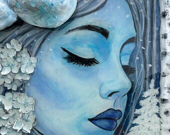 Original Mixed Media Winter Portrait Painting, Birch Tree Wall Décor,  Crystal Flower, One of a Kind Handmade gift for Any Occasion