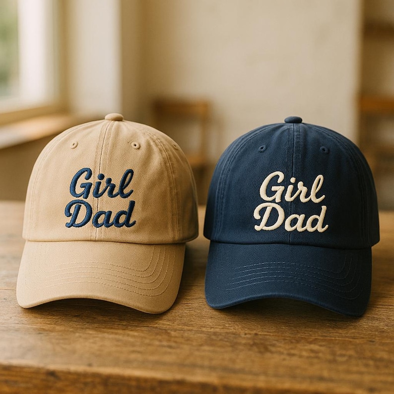 May include: Two baseball caps, one tan and one navy blue, are displayed side-by-side. Each cap features the embroidered text "Girl Dad" in a contrasting color. The tan cap has blue embroidery, while the navy cap has white embroidery.