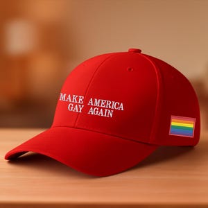 May include: A red baseball cap featuring the white text "MAKE AMERICA GAY AGAIN". A rainbow flag patch is visible on the side. The cap is displayed on a wooden surface.