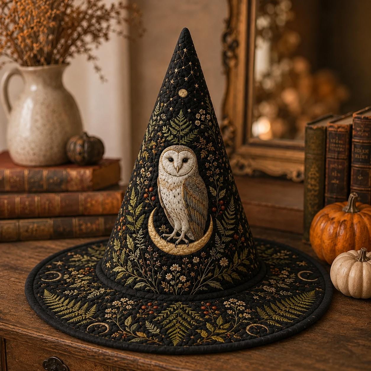 Halloween Quilted Witch Hat | Cottagecore Owl Witchy Decor Hat | Handmade Celestial Moon Phase | Coz