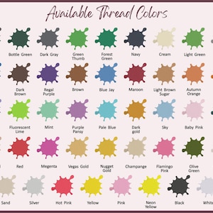 May include: A color chart titled "Available Thread Colors" displays a variety of thread colors. Each color is represented by a splash of color with the color name below. Colors include Charcoal, Navy, Red, and Yellow.