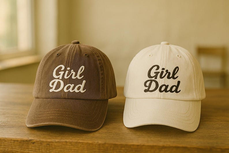 May include: Two baseball caps, one brown and one off-white, sit side-by-side on a wooden surface. Each cap has a curved brim and the words "Girl Dad" embroidered in a cursive font across the front. The caps are casual and stylish.