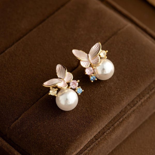 Butterfly Pearl Studs Earrings with Color Stones, Minimalist Pearl Stud Earrings,Single Pearl Studs Earrings,Gift for Her,Earrings for women