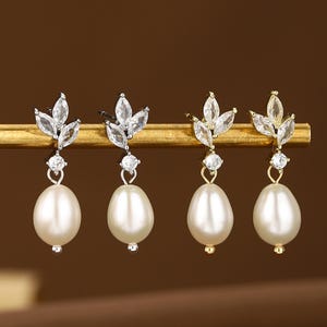 Brincos de pérolas naturais de água doce com diamante CZ, brincos de pérolas para madrinhas, joias de casamento, brincos para casamento, presente para ela