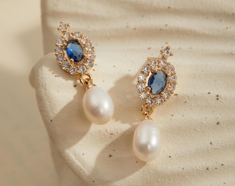 Pendientes de perlas de agua dulce auténticas con zafiro, pendientes colgantes de piedra natal azul, regalo de joyería de plata u oro para ella, pendientes de boda para ella