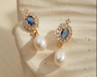 Real Freshwater Pearl Earrings with Sapphire, Blue Birthstone Dangle Earrings, Silver or Gold Jewelry Gift for Her, Wedding Earrings for her