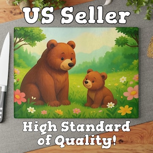 Mom and Baby Bear Glass Cutting Board | Cute Forest Animal Decor | Rustic Wildlife Gift | Tempered Glass Kitchen Accent | Cottage Core