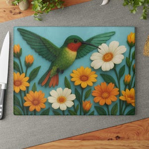 Hummingbird Cutting Board | Floral Glass Kitchen Decor | Tempered Wildflower Tray | Nature Bird Art Gift | Cottagecore Serving Board
