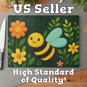 Cute Bee Tempered Glass Cutting Board | Quilted Style Kitchen Decor Gift for Bee Lovers | Cottagecore Whimsical Cooking Board