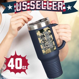 Christian 40oz Travel Mug | Strong Tower Bible Verse Stainless Steel Tumbler | Faith Coffee Cup Religious Gift Insulated With Straw