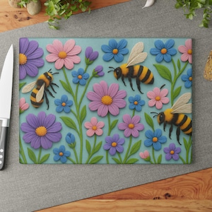 Honeybee Cutting Board | Floral Glass Kitchen Decor | Tempered Garden Tray | Wildflower Spring Gift | Cottagecore Insect Art Board
