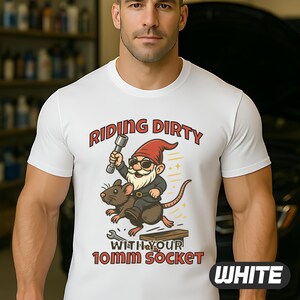 Funny Mechanic Shirt | Gnome Riding a Rat with 10mm Socket | Garage Humor Tee | Missing Socket T-Shirt | Auto Tech Gift | Car Guy Apparel