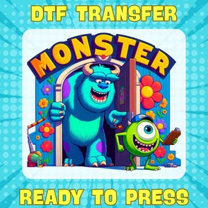 Transfert DTF monstres, conception de chemise de personnages monstres mignons, Mike Sulley Boo imprimable, film prêt à presser Disney, impression Disneyland Dtf