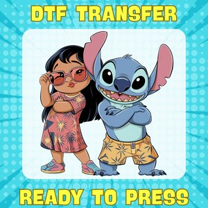 Lilo and Stitch DTF Transfer - Summer Ready To Press, Cool Hawaiian Cartoon Iron On Design, Ready to Press Kids Vacation Beach Theme