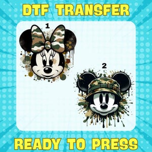Military Mouse Couple DTF Transfer – Camouflage Style Iron On, Ready to Press Army Theme for Patriotic Kids and Family Shirts
