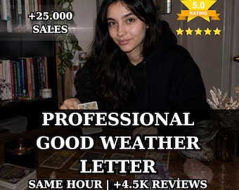 May include: A person in a black hoodie sits at a wooden table with tarot cards, crystals, and a candle. Text overlays include +25.000 SALES, 5.0 RATING, PROFESSIONAL GOOD WEATHER LETTER, and SAME HOUR | +4.5K REVIEWS, set against a bookshelf background.