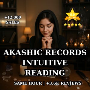 Könnte beinhalten: Ein Bild, das intuitive Lesungen der Akashic Records bewirbt. Das Bild zeigt eine Person in einem schwarzen Kapuzenoberteil mit gefalteten Händen, eine Kristallkugel und den Text "AKASHIC RECORDS INTUITIVE READING". Das Bild enthält auch den Text "+12.000 SALES" und "+3.6K REVIEWS".