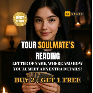 May include: A woman in a black hooded top holds tarot cards, with text overlay: "YOUR SOULMATE'S READING." Additional text includes "LETTER OF NAME, WHERE AND HOW YOU'LL MEET ADN EXTRA DETAILS!" and "BUY 2, GET 1 FREE." A "BEST SELLER" badge is visible.