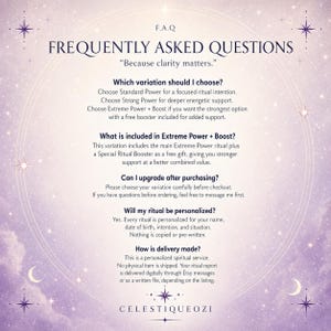 May include: A digital graphic with the text "F.A.Q. FREQUENTLY ASKED QUESTIONS" and the phrase "Because clarity matters." The graphic lists questions about ritual variations, personalization, and delivery. The bottom of the graphic has the text "CELESTIQUEOZI".