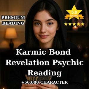 May include: A woman in a black hooded top is holding tarot cards. The image includes text that reads "Premium Reading", "Karmic Bond Revelation Psychic Reading", and "+50.000 CHARACTER". A gold star rating graphic is also present.