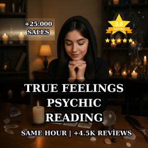 May include: A person in a black hooded top with hands clasped, positioned behind a table with a lit candle, tarot cards, and a crystal ball. Text reads: +25.000 SALES, 5.0 RATING, TRUE FEELINGS PSYCHIC READING, SAME HOUR | +4.5K REVIEWS.