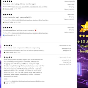 K&ouml;nnte beinhalten: Ein Screenshot von Etsy-Kundenbewertungen f&uuml;r einen Tarot-Leseservice. Die Bewertungen sind positiv, mit vielen 5-Sterne-Bewertungen. Das Bild enth&auml;lt eine goldene Stern-Grafik mit dem Text "5.0 RATING" und "+15.000 Positive Feedback".