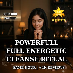 以下が含まれることがあります： スピリチュアルサービスを宣伝する画像。「POWERFULL FULL ENERGETIC CLEANSE RITUAL」というテキストがあり、「+12,000 SALES」と「+4K REVIEWS」の記載もある。黒いフード付きトップスを着た女性が中心人物。