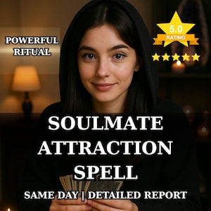 May include: Image featuring a woman in a black hooded top. Text includes "POWERFUL RITUAL", "SOULMATE ATTRACTION SPELL", and "SAME DAY | DETAILED REPORT". A gold star graphic indicates a 5.0 rating.