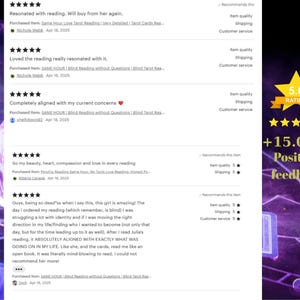 May include: A digital display of five-star customer reviews for a tarot reading service. The text includes positive feedback, dates, and item names. A yellow star graphic on the right side displays a 5.0 rating and the text +15.000 Positive feedback.